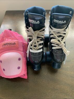 Impala Black Holographic Glitter Roller Skates Size 5 With Protective Gear